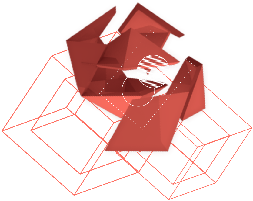 Abstract 3D red geometric shapes emerging from wireframe cubes, with two atoms merging, and dotted elements in the background, symbolizing dynamic design and structure.