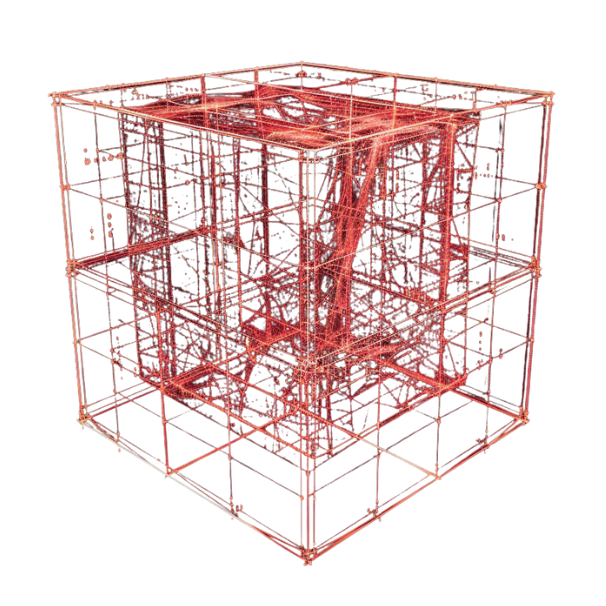 Red cubic wireframe with intricate internal connections representing product design and brand experience.