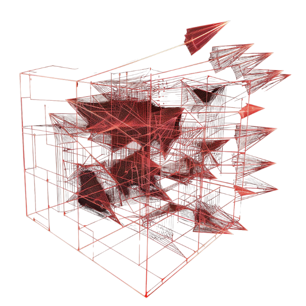 Red angular and spiky geometric wireframe symbolizing SEO and digital reach.