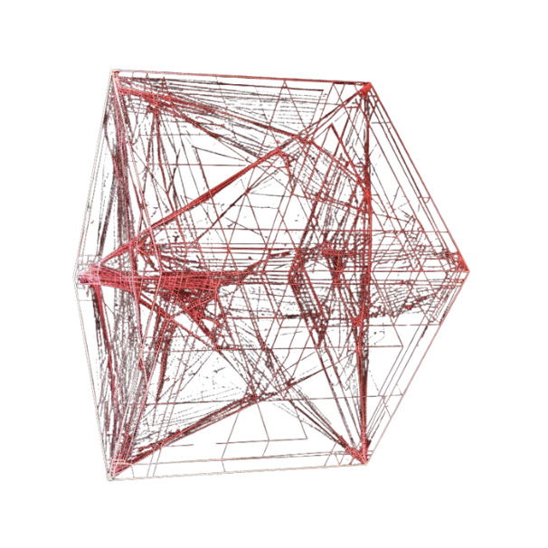 Red polygonal wireframe structure with intersecting lines symbolizing strategic development for brands and digital products.