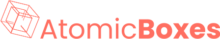 Atomic Boxes logo featuring a geometric wireframe cube with circular elements, linked to the homepage, with the text 'AtomicBoxes' in a modern red font.