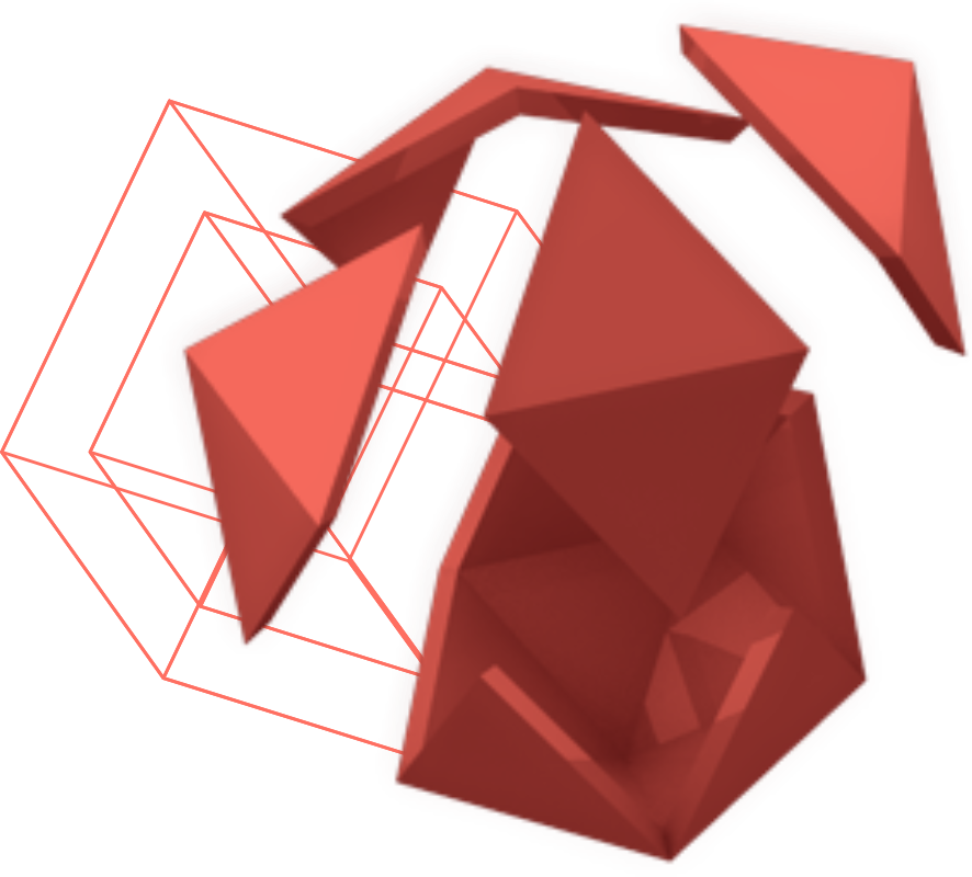 Abstract red geometric shapes emerging from wireframe cubes, symbolizing the dynamic process of building brand experiences and driving SEO results.