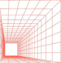 3D tunnel wireframe grid, symbolizing depth and exploration.